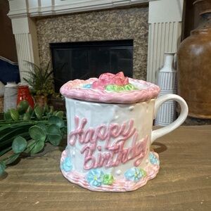 Vintage Teleflora Happy Birthday Floral Cake Mug Covered Lid Cup